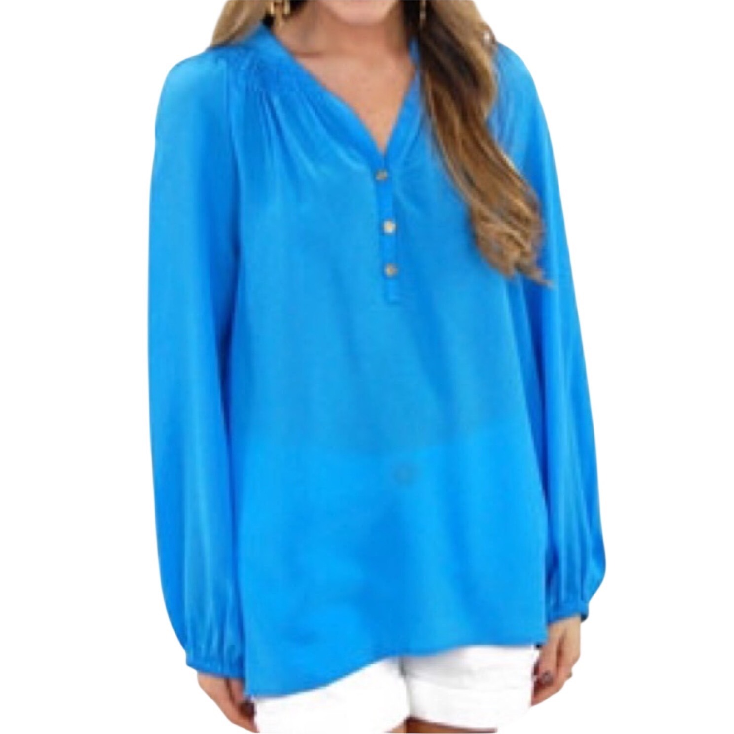Lilly Pulitzer Elsa Top Womens Xs Turquoise Blue 100% Silk Smocked Blouse 46456